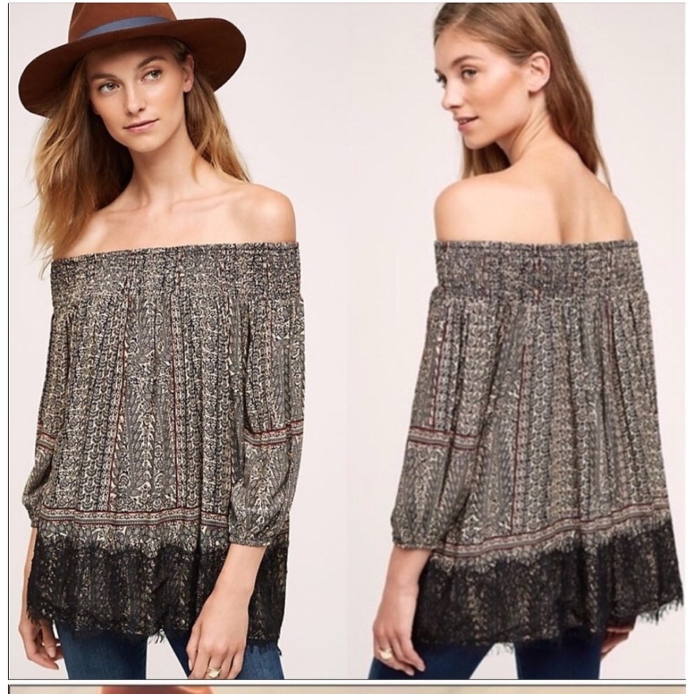 Vanessa Virginia Anthropologie Peasant Top Bohemian Lace Trim 3/4 Sleeve Size M